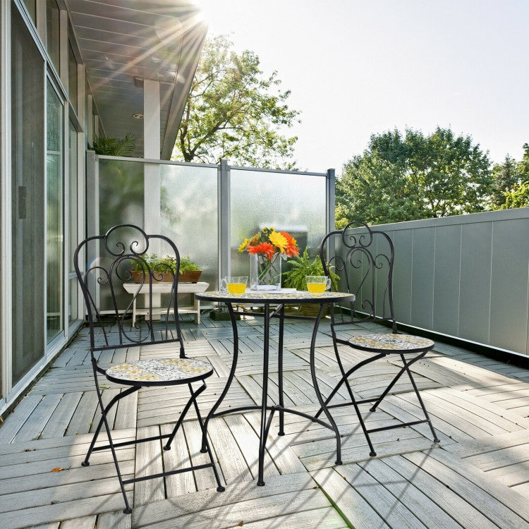 2-Piece Mosaic Folding Bistro Chairs With Ceramic Tile Seats - Black