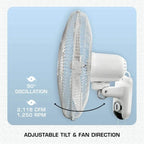Classic 16-Inch Wall Mounted Oscillating Fan, 3-Speed, White, Metal