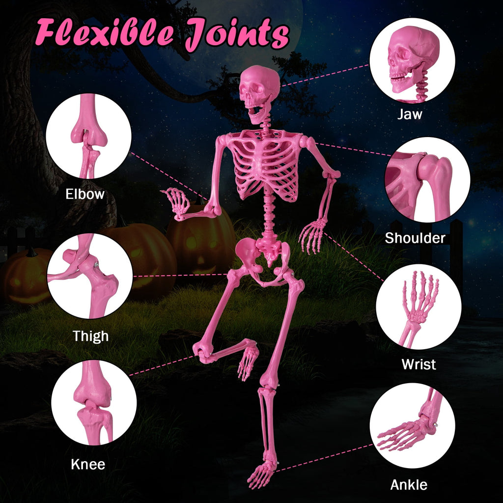 Costway 5.5 FT Poseable Halloween Skeleton Life-Size Decoration with Movable Joints Pink