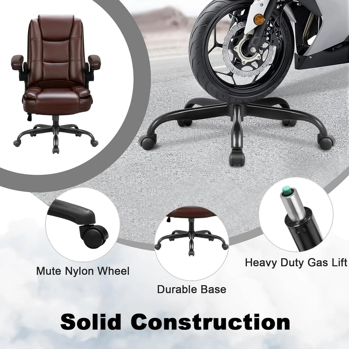 Big And Tall Ergonomic Office Chair, High Back Leather Executive Computer Chair With Padded Flip-Up Arms - 20.87in D x 27.3in W x 47.24in H