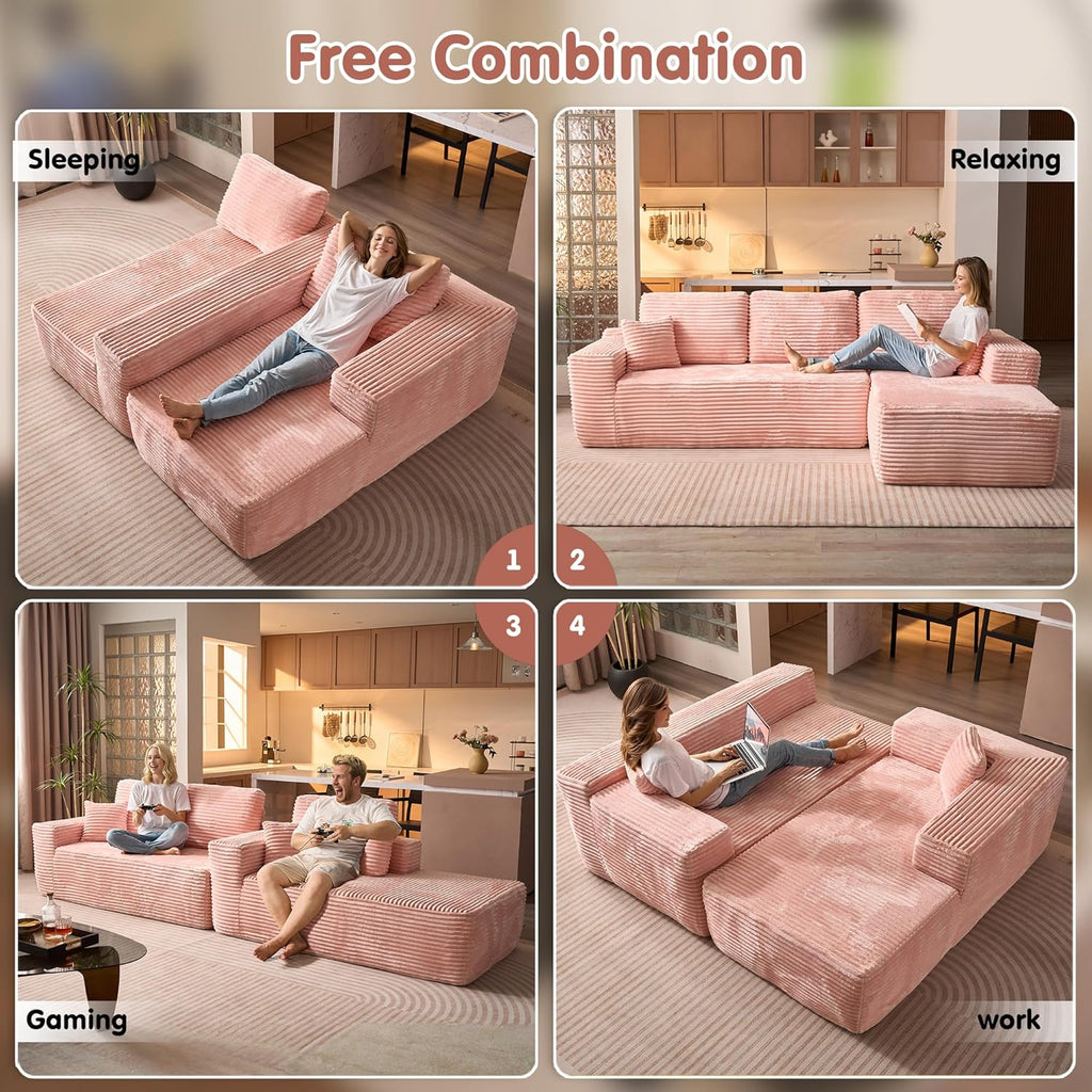 ovios 104in L-Shape Sectional Sofa With Chaise, Grey Plush Corduroy Fabric