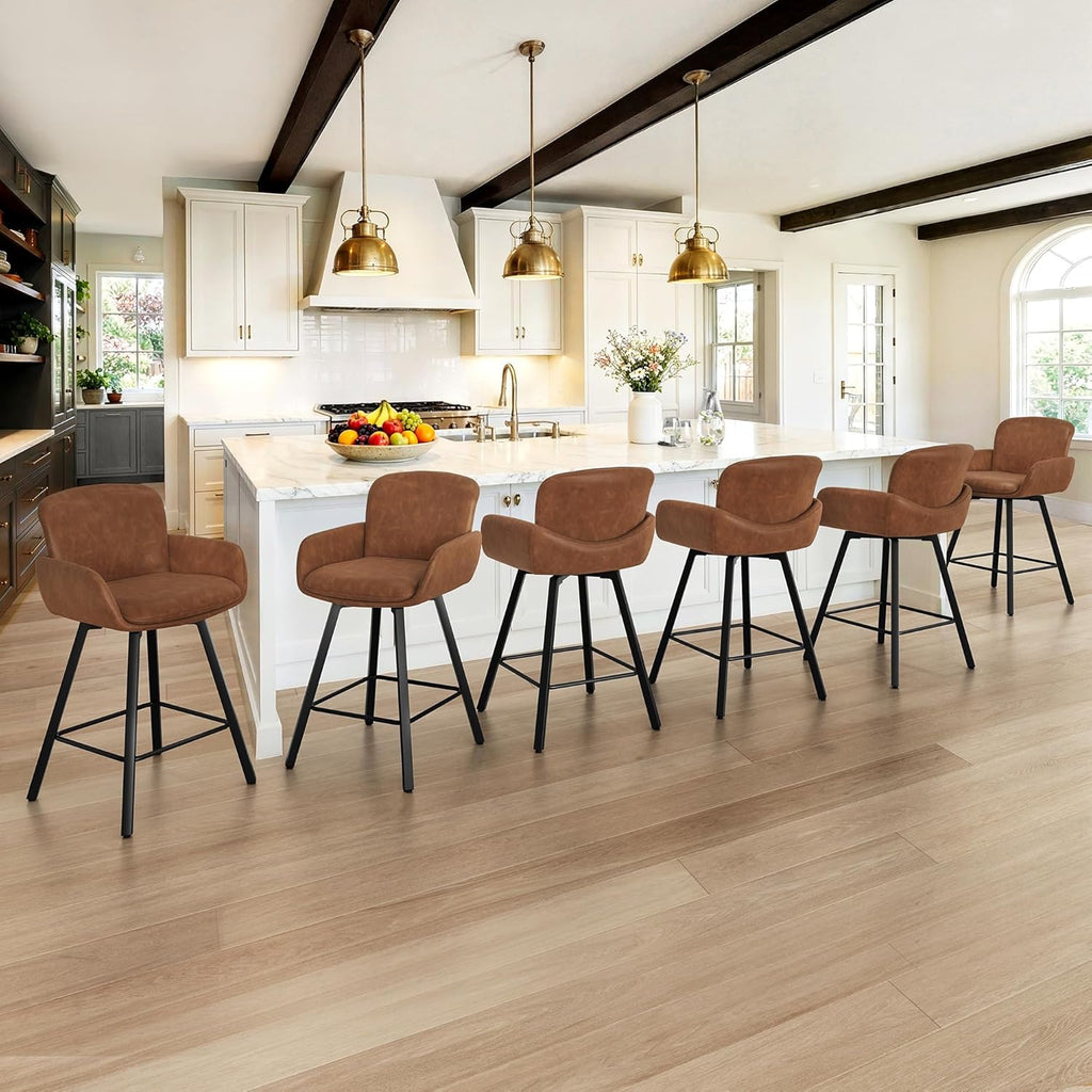 LUE BONA Counter Height Swivel Bar Stools With Backrest And Arms, 26 in, Set Of 6, Brown