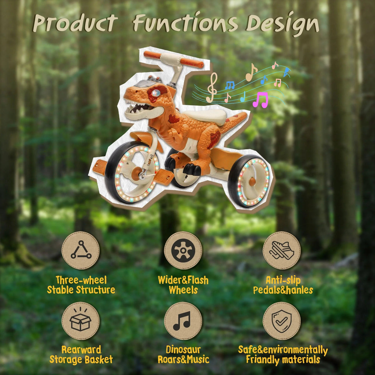 Xuanlur Kids' Dinosaur Tricycle With Flash Wheels, Music And LED Lights - Green