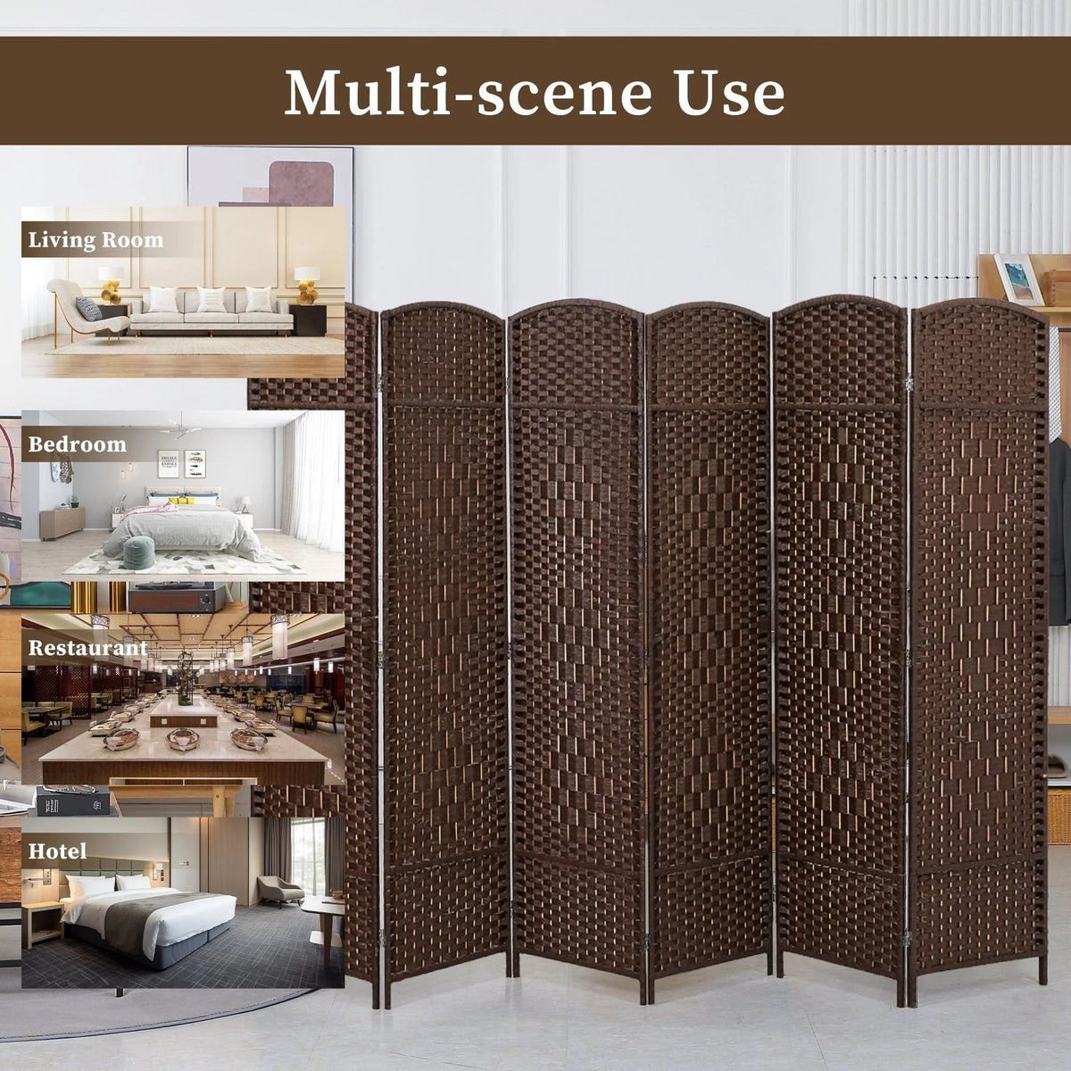 Freestanding Folding Woven Fiber Room Divider Privacy Screen - 6 Ft Tall