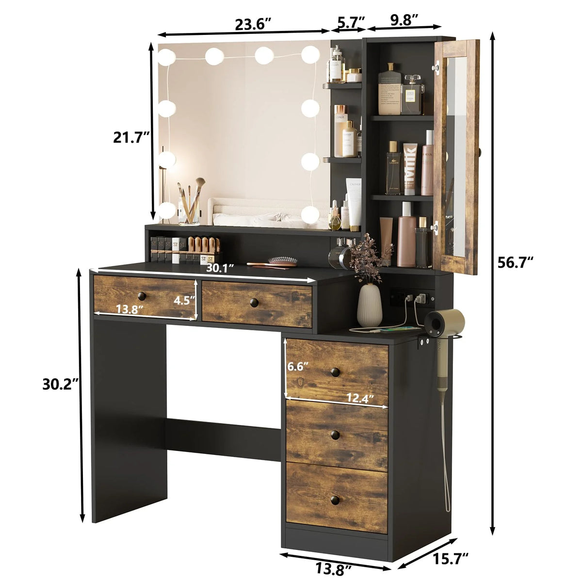 VEANERWOOD Makeup Vanity Desk With Lighted Mirror, Power Strip, 5 Drawers, White - 39.4in x 15.7in x 56.7in