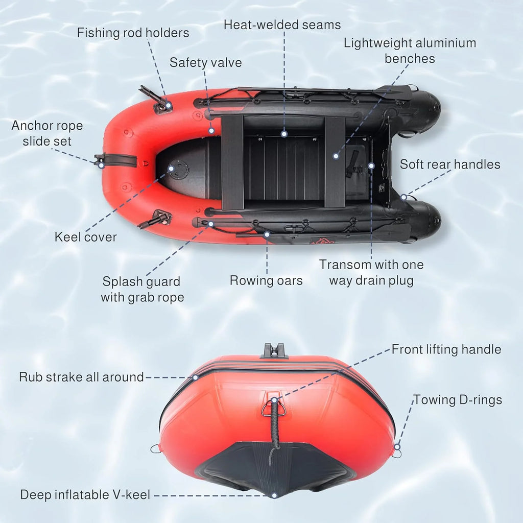 Inflatable Dinghy Fishing Boat, 8'5, 3-Person, Red/Black, Aluminum Floor - BT85RBK