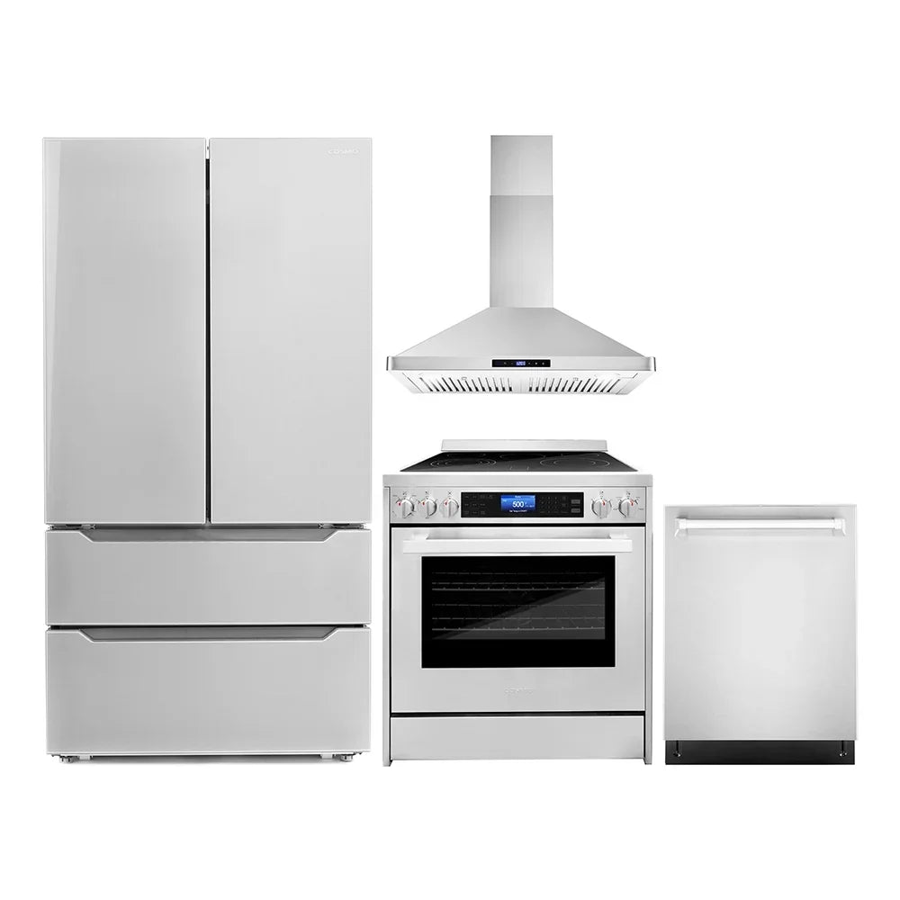 Cosmo 4-Piece Kitchen Appliance Package With 30 in Electric Range, 30 in Wall Mount Hood, 24 in Dishwasher And French Door Refrigerator