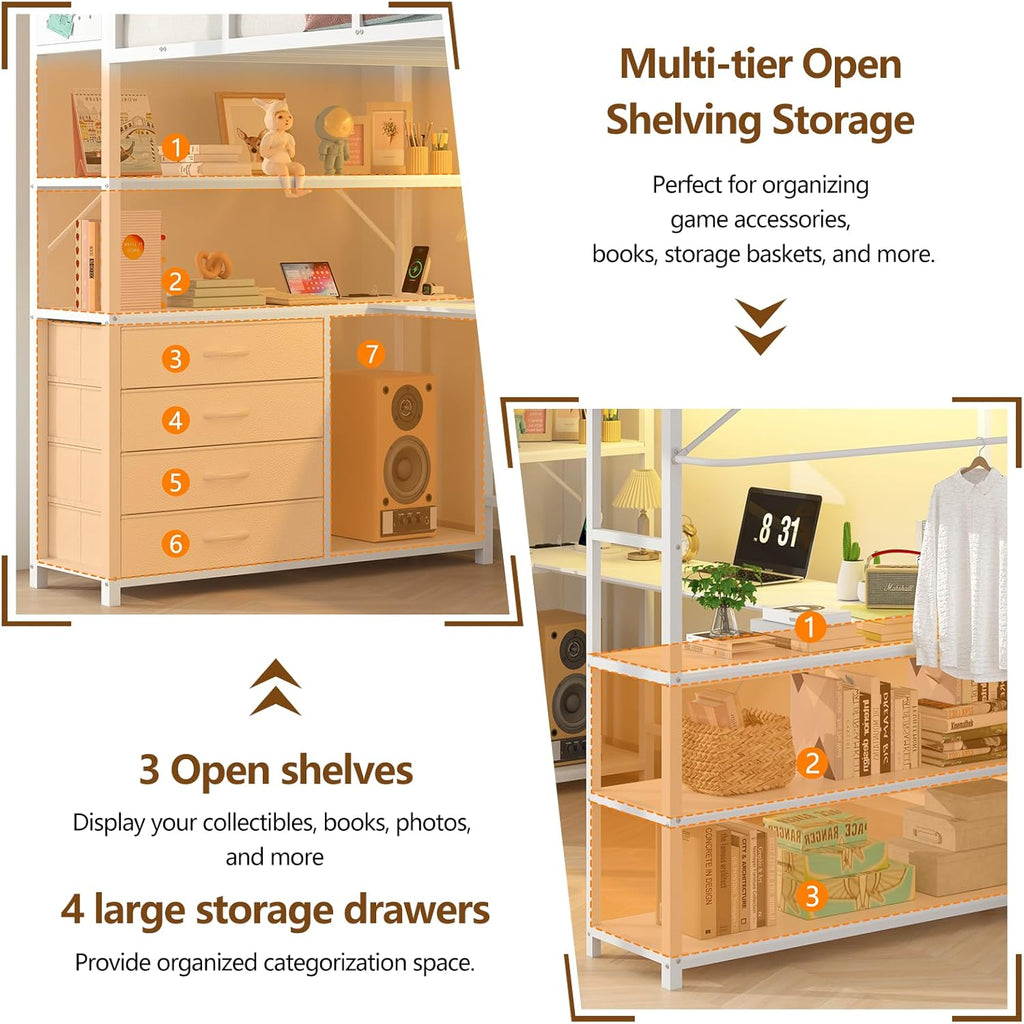 Twin Metal Loft Bed Frame With U-Shaped Desk, Storage Headboard, LED Lights, Power Outlet And 4 Drawers
