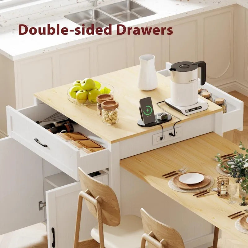 82.7 Wooden Kitchen Island With Extendable Dining Table And Double-Sized Storage
