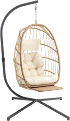Yechen Indoor Outdoor Wicker Hanging Egg Chair With Stand, 38 x 38 x 78 Inches, 350 lbs, Charcoal Grey - EG-001