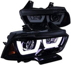 DRL LED Light Bar Projector Headlights, 1 Pair, Gloss Black Housing, Smoke Lens - 2011-2014 Dodge Charger