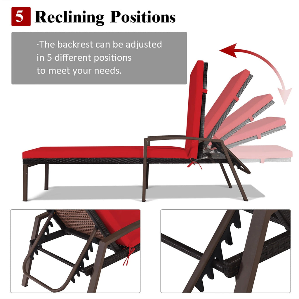 Costway 2 PCS Patio Rattan Chaise Lounge Chairs With Adjustable Backrest And Cushions - Red