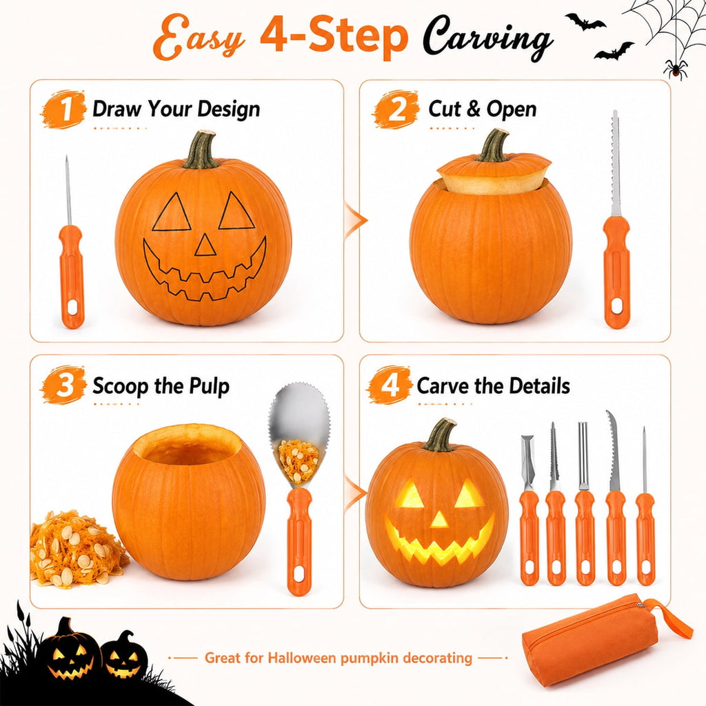 Halloween Pumpkin Carving Kit Heavy Duty Stainless Steel Pumpkin Carving Tools With Carrying Sculpting and Carving 7pcs