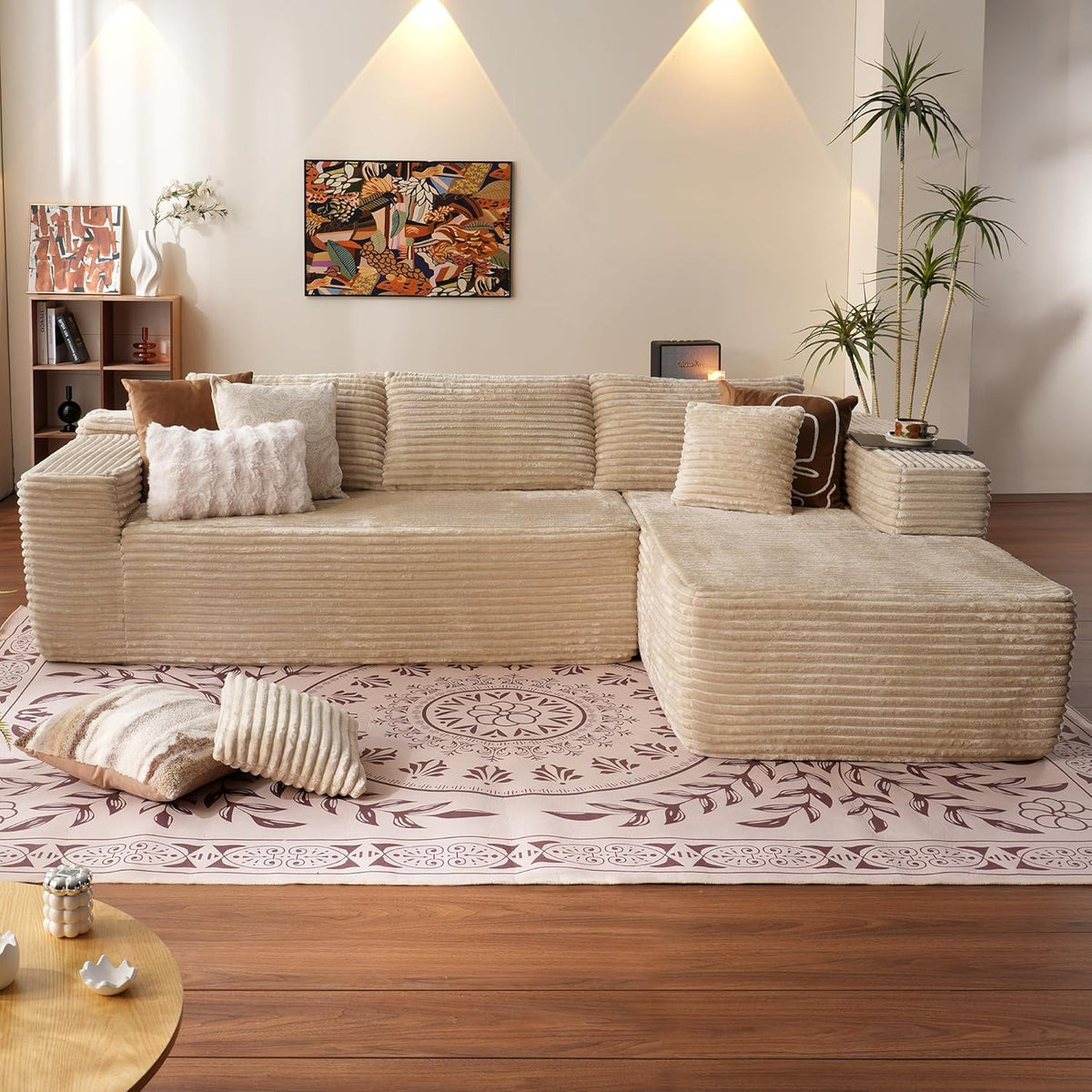 ovios 104in L-Shape Sectional Sofa With Chaise, Grey Plush Corduroy Fabric