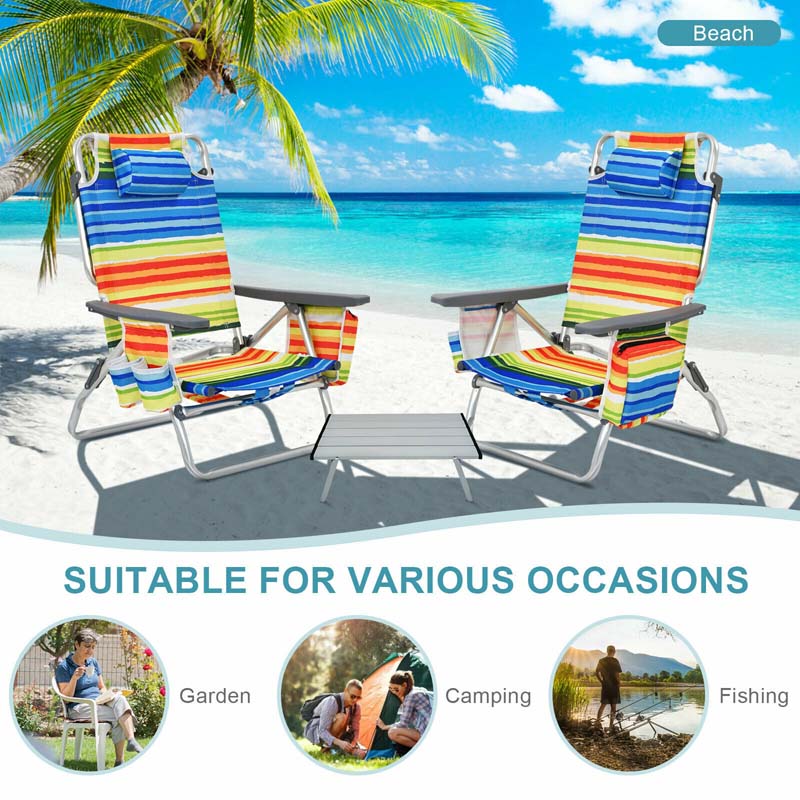 2-Pack 5-Position Outdoor Folding Backpack Beach Chairs With Side Table Set
