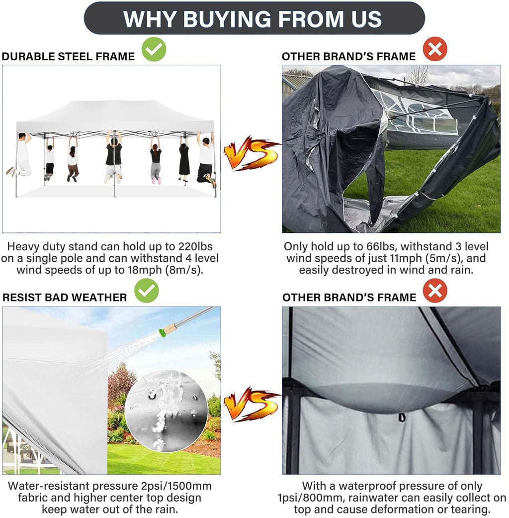 COBIZI Pop-Up Canopy 10 x 20 ft, White, 6 Sidewalls