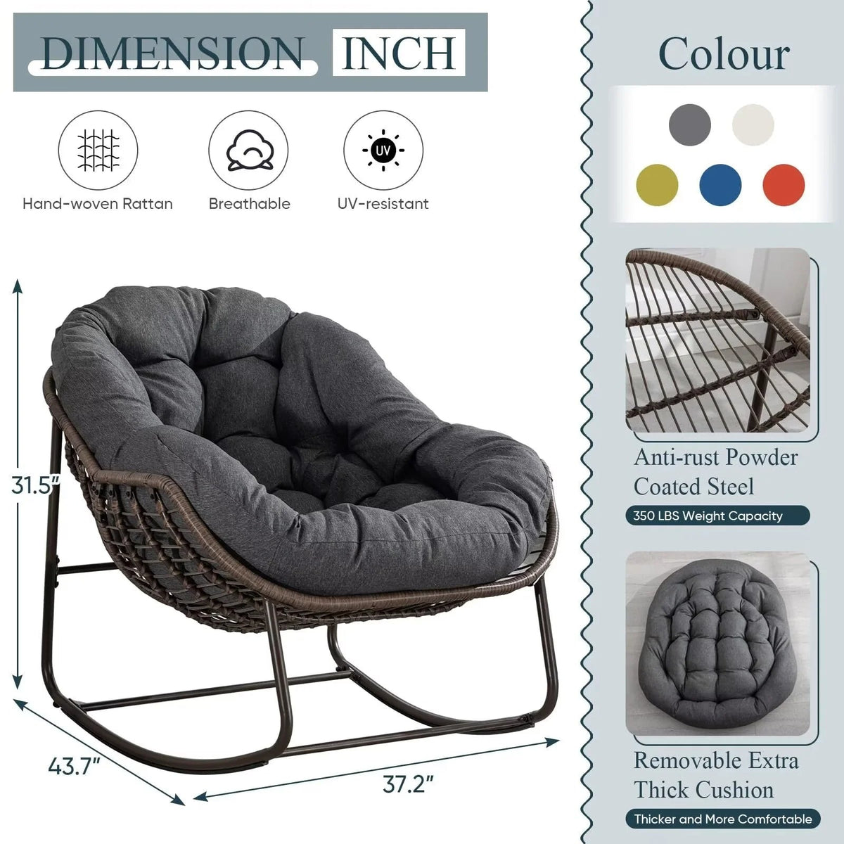 Outdoor Papasan Rocking Chair With Thick Cushion, Grey - 43.70in D x 37.20in W x 31.50in H