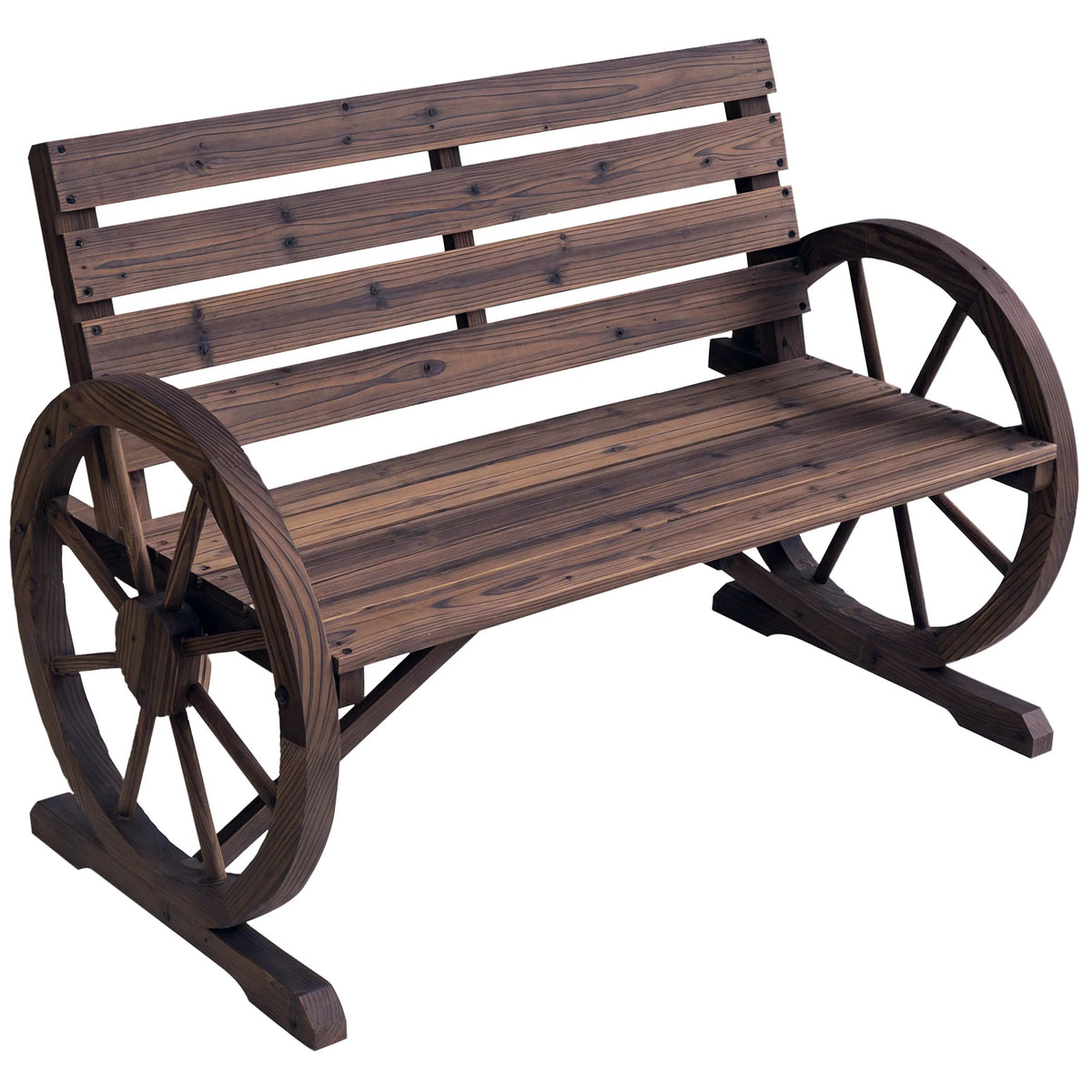 Outsunny Wooden Wagon Wheel Bench, 2-Person, Fir Wood, Carbonized, 41.5in L x 23.25in W x 29.5in H - 84B-183