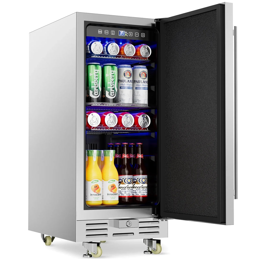 Ecojoy 15 Inch Stainless Steel Under Counter Beverage Refrigerator, 120 Cans