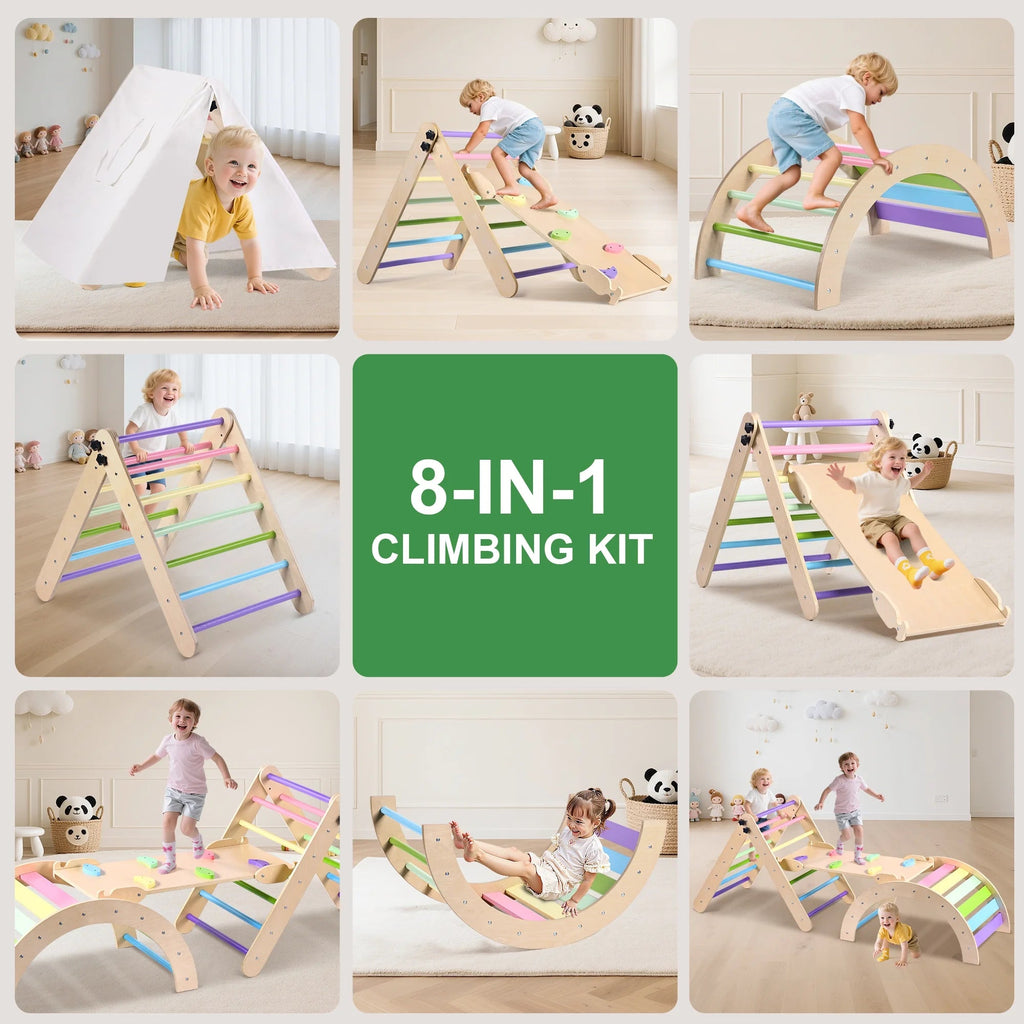 Lookfly 8-in-1 Foldable Pikler Triangle Climbing Set With Ramp - Natural-Color Or Multicolor