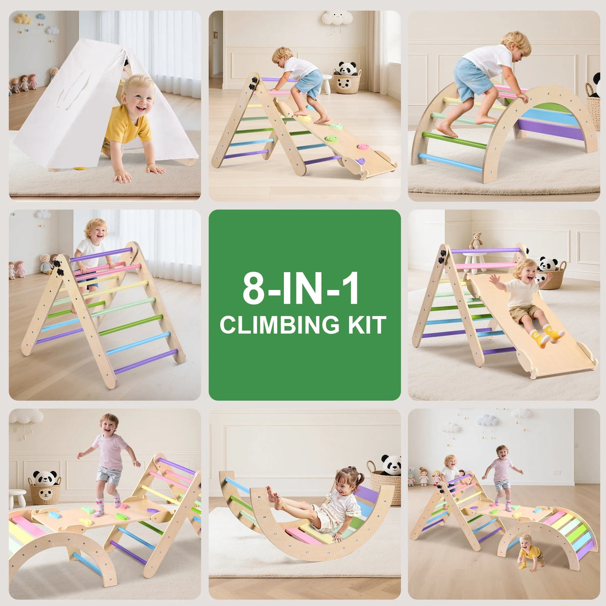 Lookfly 8-in-1 Foldable Pikler Triangle Climbing Set With Ramp - Natural-Color Or Multicolor