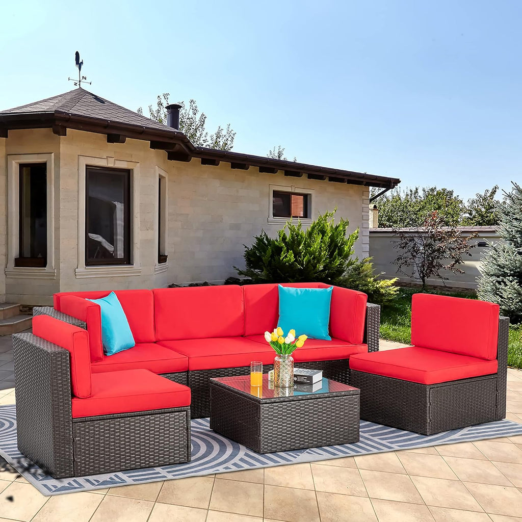 5-Piece All-Weather Wicker Patio Conversation Set With Ottoman And Cushions