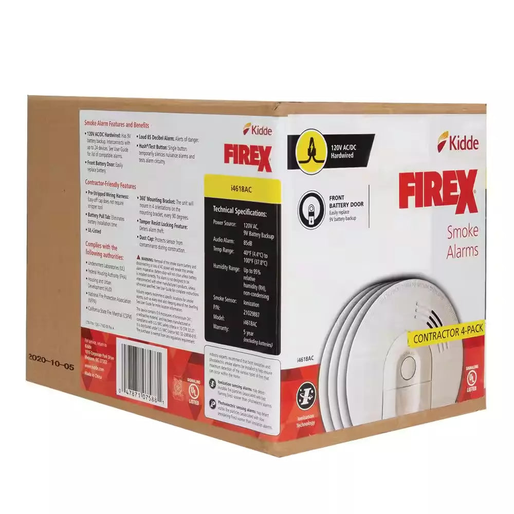 Hardwired Smoke And Carbon Monoxide Alarm With Ionization Sensor, 120V AC, 9V Battery Backup