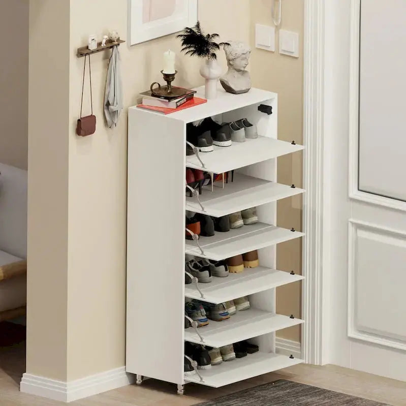 Flip-Door Mirror Shoe Cabinet 6-Tier Organizer With Metal Legs And Touch-Sensitive Drawers