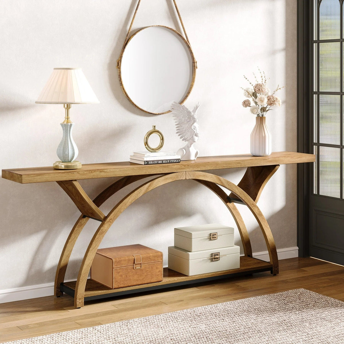 2-Tier Slim Console Sofa Table, Engineered Wood and Metal - 11.81 in D x 70.87 in W x 33.46 in H