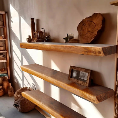 1 Piece Teak Wood Live Edge Rustic Floating Wall Shelf - 24, 36, 42