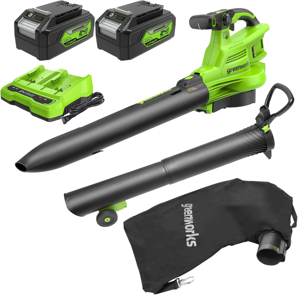 Greenworks 48V (24V x 2) Cordless Brushless Leaf Blower Vacuum Mulcher, 520 CFM / 240 MPH With 2 4.0Ah Batteries And Dual Port Charger