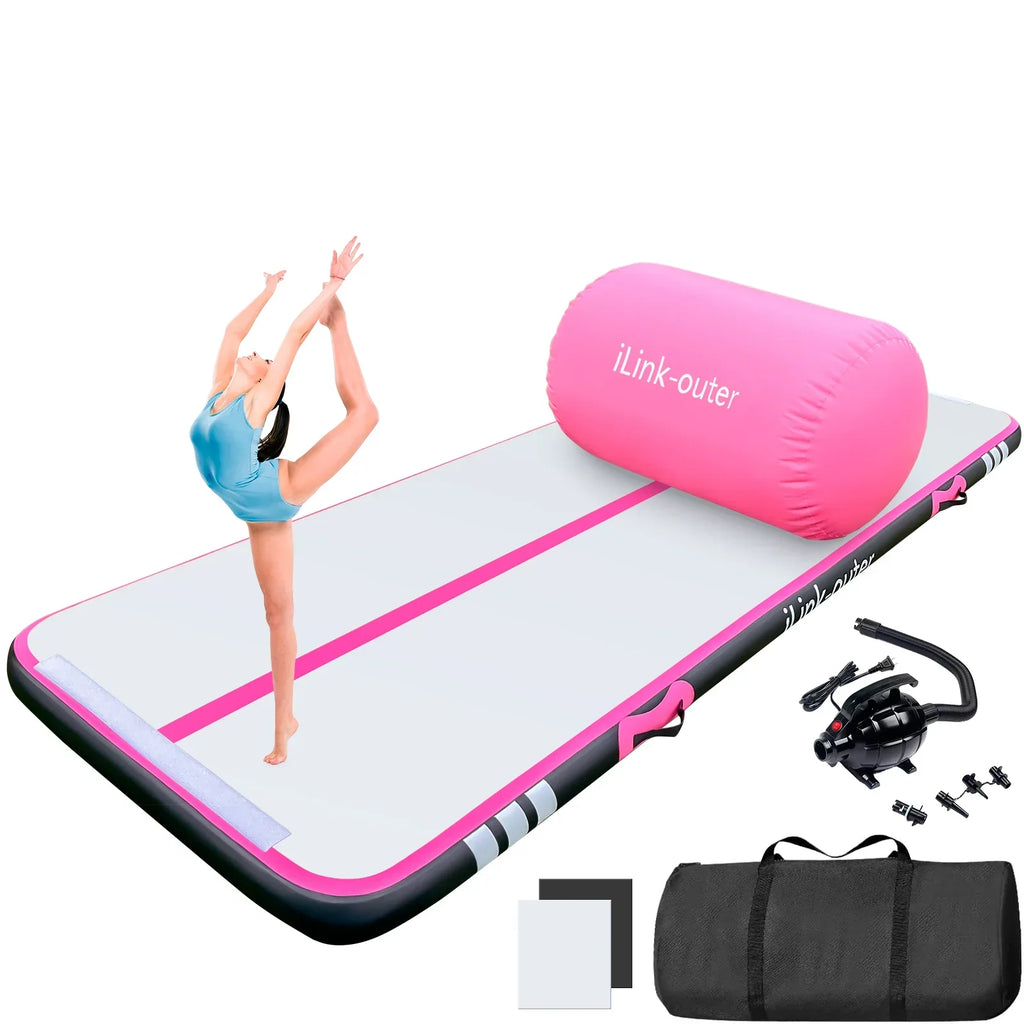 Air Track 10FT Inflatable Gymnastics Mat With Roller and Electric Pump - Black/Pink, 4in
