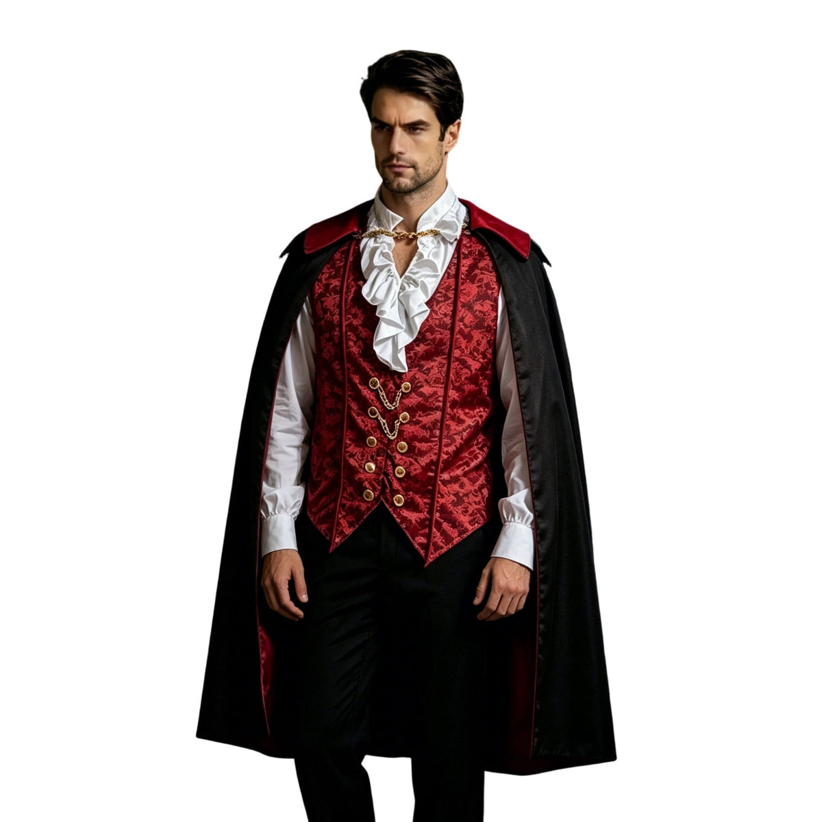 JOANKDMI Mens Gothic Vampire Costume Set with Stand Collar Cape Vest and Ruffle Shirt Classic Aristocrat Dracula Outfit for Halloween Role Play Role Play Theme Party