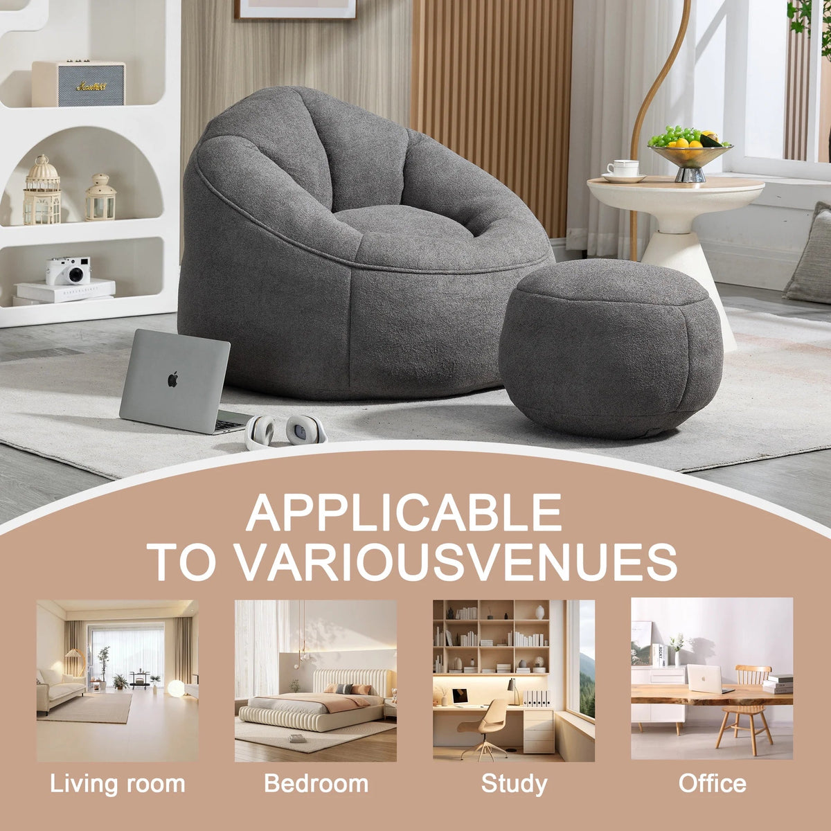 MOONMISS Microfiber Upholstered Round Bean Bag Sofa Chair With Ottoman - Gray