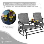 2-Person Outdoor Bench Glider Chair With Center Table, Mesh Fabric, 57 x 28 x 38 in