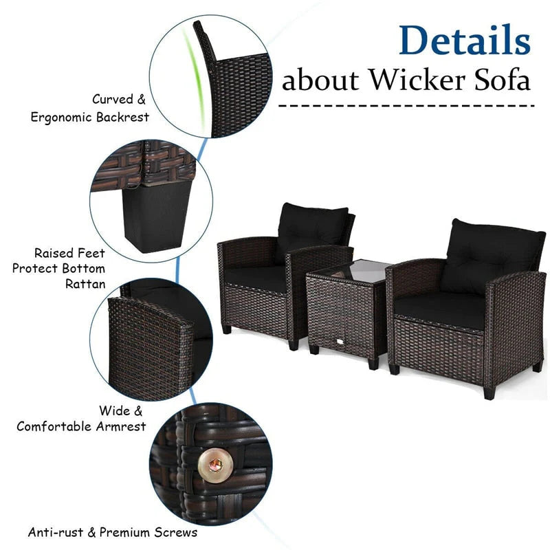 3-Piece Rattan Patio Conversation Set With Cushions And Coffee Table