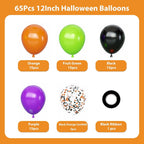 Halloween Balloons Set, 65Pcs 12Inch Black Orange Purple Green Balloons Kit, Black and Orange Latex Balloons for Birthday Wedding Halloween Party Decorations