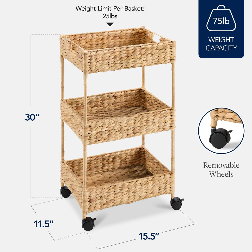 Best Choice Products 3-Tier Water Hyacinth Rolling Utility Cart, 15.5 x 11.5 x 30in