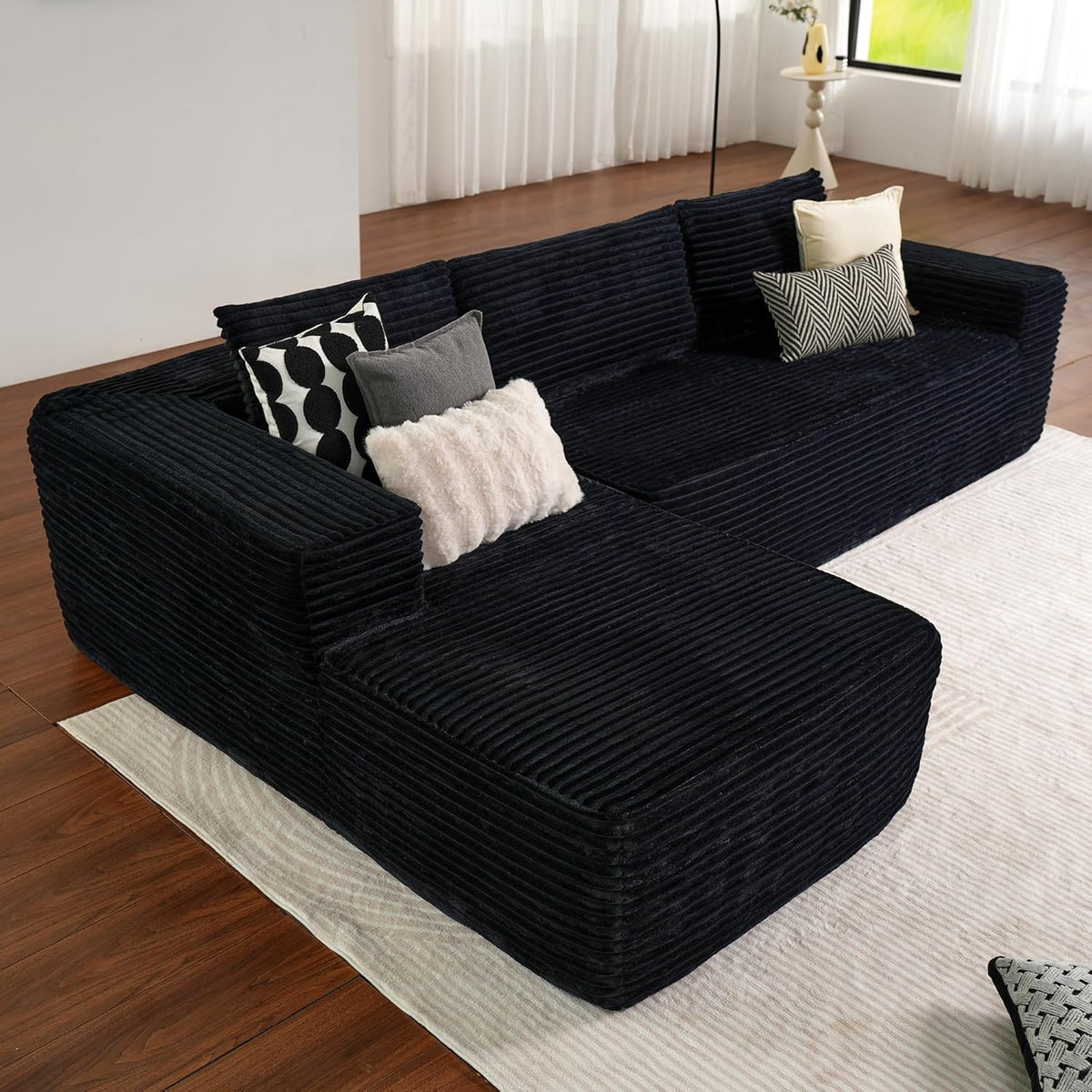 ovios 104in L-Shape Sectional Sofa With Chaise, Grey Plush Corduroy Fabric