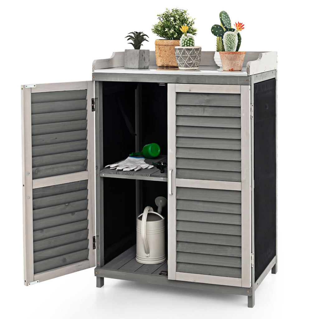 Outdoor Potting Workbench With Metal Tabletop And Garden Storage Cabinet