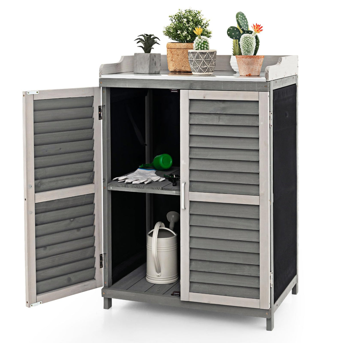 Outdoor Potting Workbench With Metal Tabletop And Garden Storage Cabinet