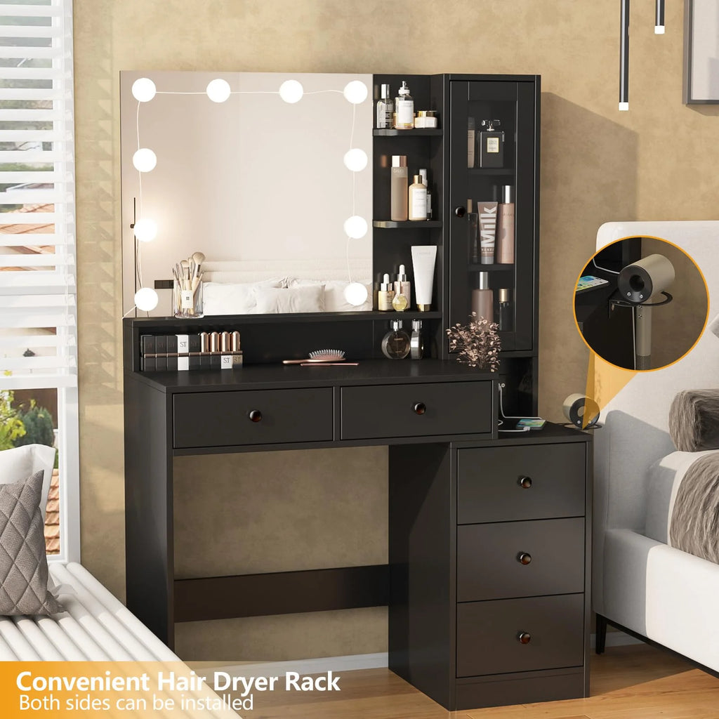 VEANERWOOD Makeup Vanity Desk With Lighted Mirror, Power Strip, 5 Drawers, White - 39.4in x 15.7in x 56.7in