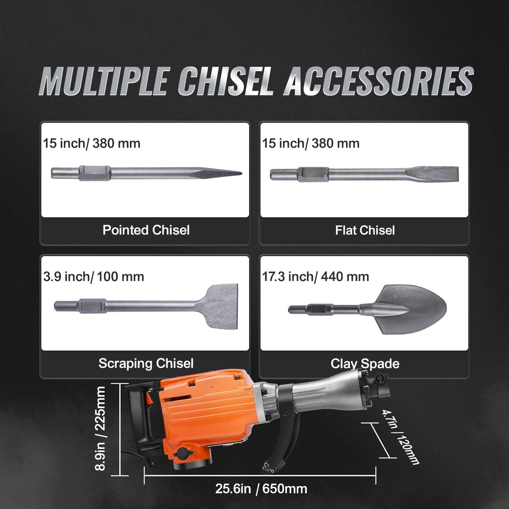 KFFKFF Demolition Jack Hammer 2200W 1400 BPM With 6 Chisel Attachments - JH-65