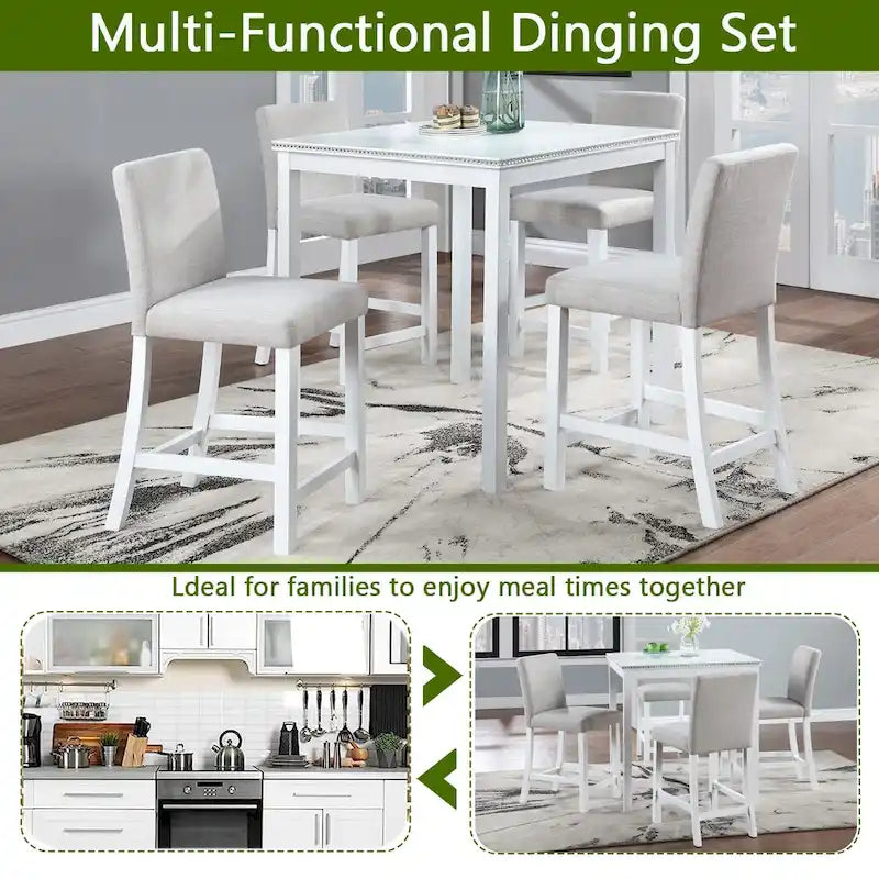 Modern 5-Piece Counter Height Dining Set With Square Table And 4 Upholstered Chairs