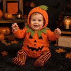 Newborn Infant Cute Jack-O-Lantern Costume Halloween Bodysuit and Striped Leggings Set Fall Holiday Fancy Dress Up Outfit for Boys Girls Party Festival