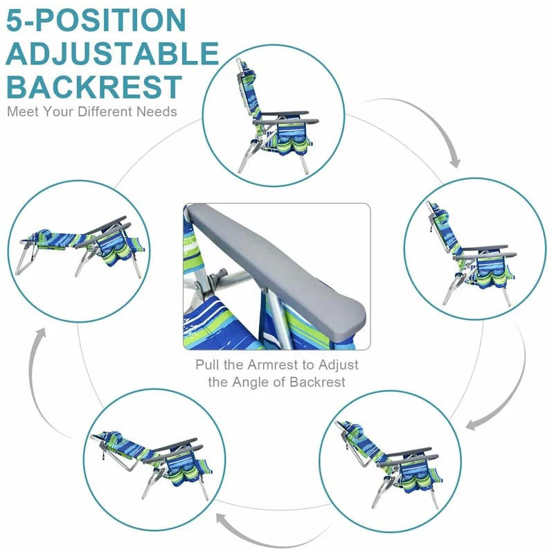 2-Pack 5-Position Outdoor Folding Backpack Beach Chairs With Side Table Set