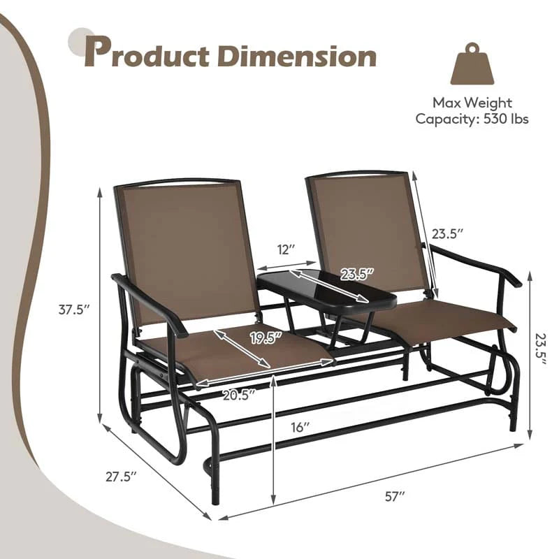 2-Person Outdoor Bench Glider Chair With Center Table, Mesh Fabric, 57 x 28 x 38 in