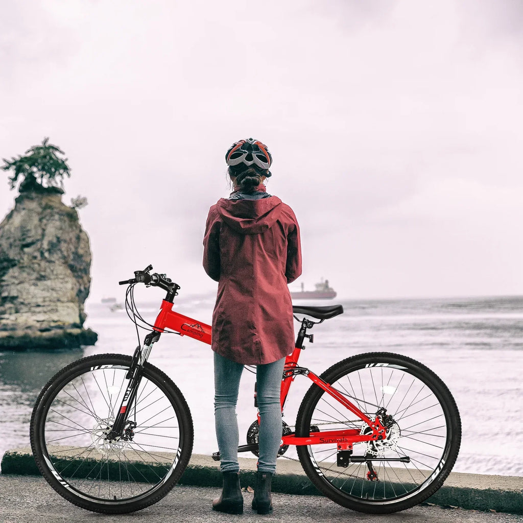 iRerts 26 Inch Folding Adult Mountain Bike, 21 Speed, Dual Disc Brakes, Red/Black