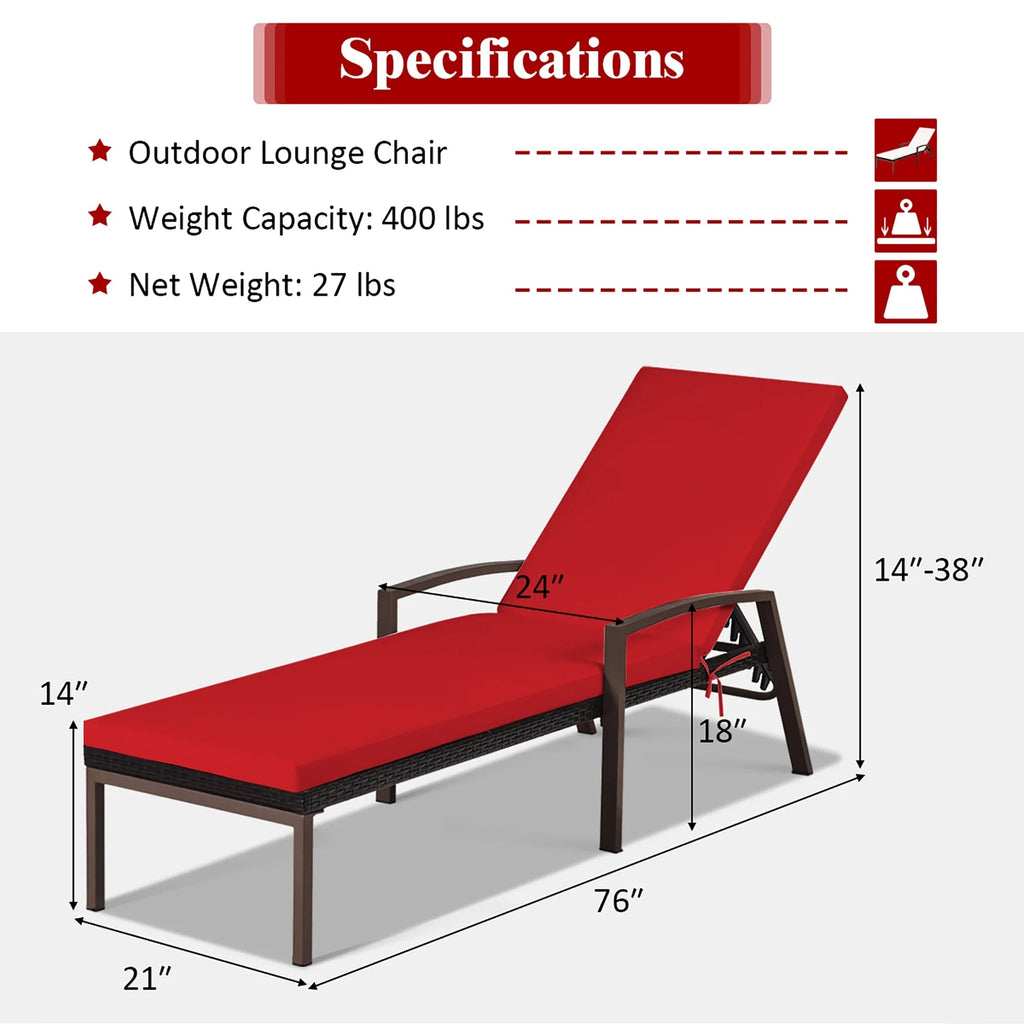 Costway 2 PCS Patio Rattan Chaise Lounge Chairs With Adjustable Backrest And Cushions - Red