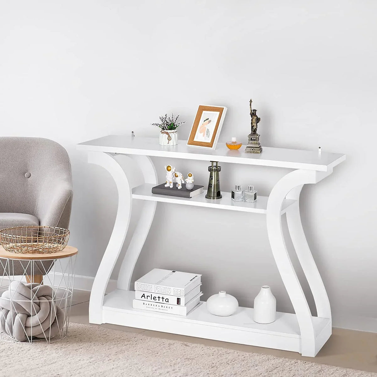 3-Tier Console Table With Storage Shelves - White